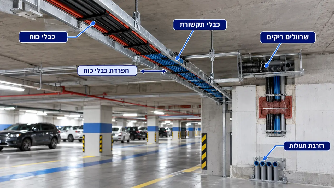 איך מתכננים נכון תשתית פיזית של תעלות, שרוולים ומסלולי כבלים בחניון?