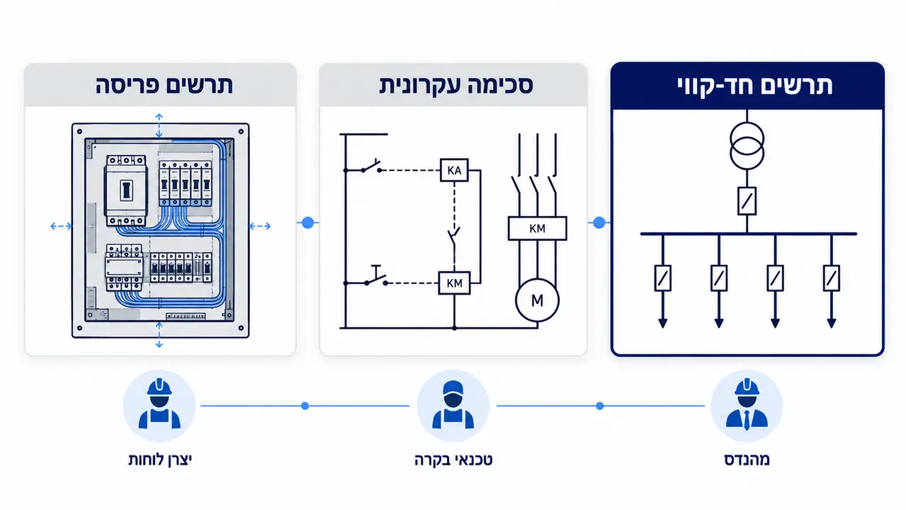 מה ההבדל המעשי בין שרטוט לוח חשמל, סכימה עקרונית ותרשים פריסה?